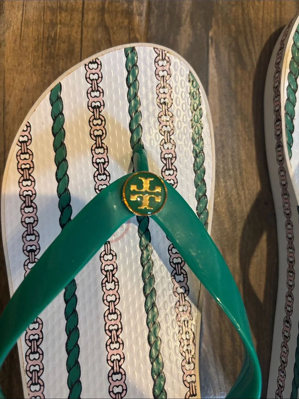 Tory Burch White Footbed Flip Flops with Green Straps